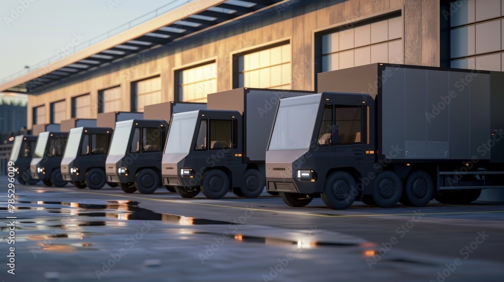 A row of electric trucks parked outside a warehouse