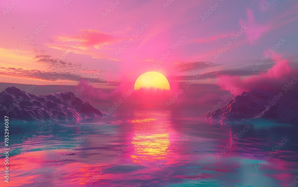 Synthwave sunset over a calm sea.