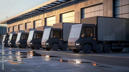 A row of electric trucks parked outside a warehouse