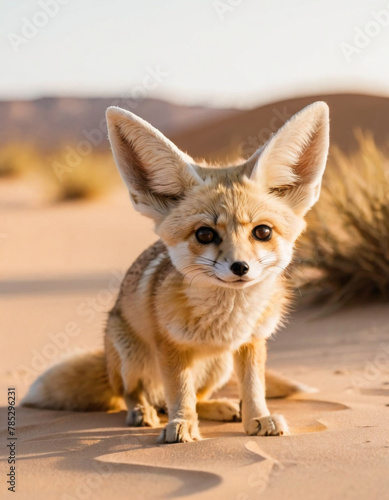 A fennec fox in the desert at sunset  with its large ears and fluffy tail highlighted by the golden light.