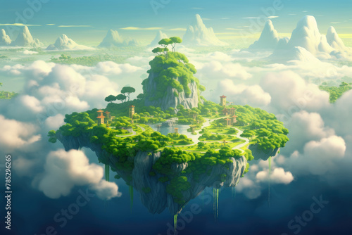 Floating Green Planet Island Amidst Blue Sky and Clouds, Featuring a Small Landscape with a Waterfall, Aerial View of Paradise © RBGallery