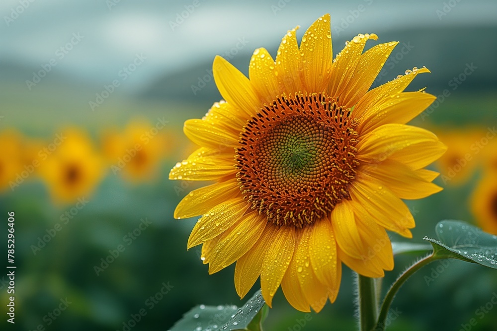 Fototapeta premium A bright sunflower with large green leaves stands out against the background of an endless field of sunflowers