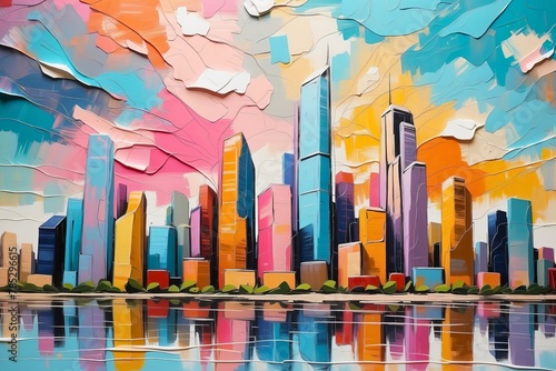 Colorful abstract cityscape painting with skyscrapers and vibrant colors  architecture buildings texture design. 