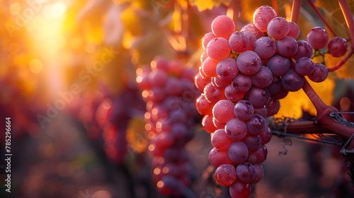 Vineyards at sunset in the autumn harvest. Ripe grapes in autumn. Red grapes hanging from the vine  warm background.