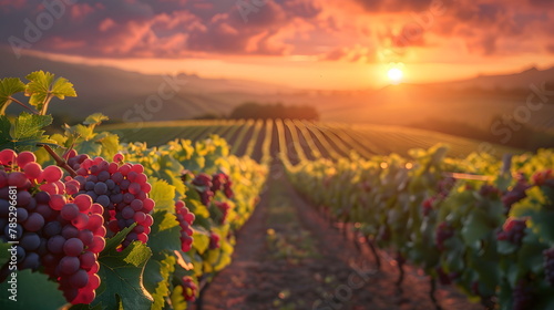 grape harvest. Red grapes hanging from the vine, warm background.