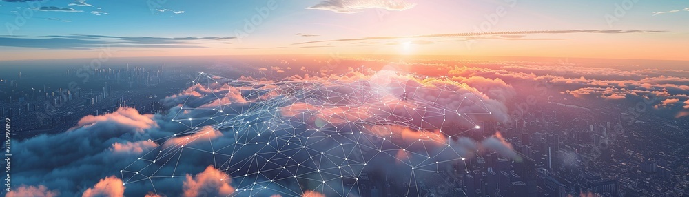 Cloud networks connecting cities, sunset, high above, wide panorama, seamless computing power - obrazy, fototapety, plakaty 