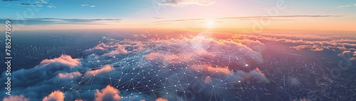 Cloud networks connecting cities, sunset, high above, wide panorama, seamless computing power photo