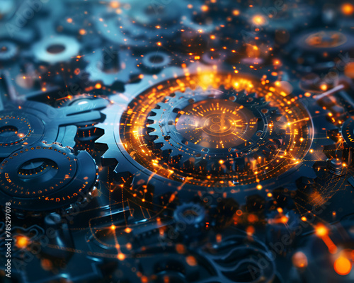 A surreal conceptual image of gears and cogs symbolizing the interconnectedness of lean manufacturing principles in a futuristic setting photo