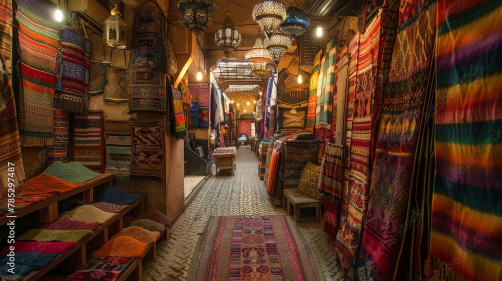 photo of market in Marrakech, with vibrant textiles and spices on display. 