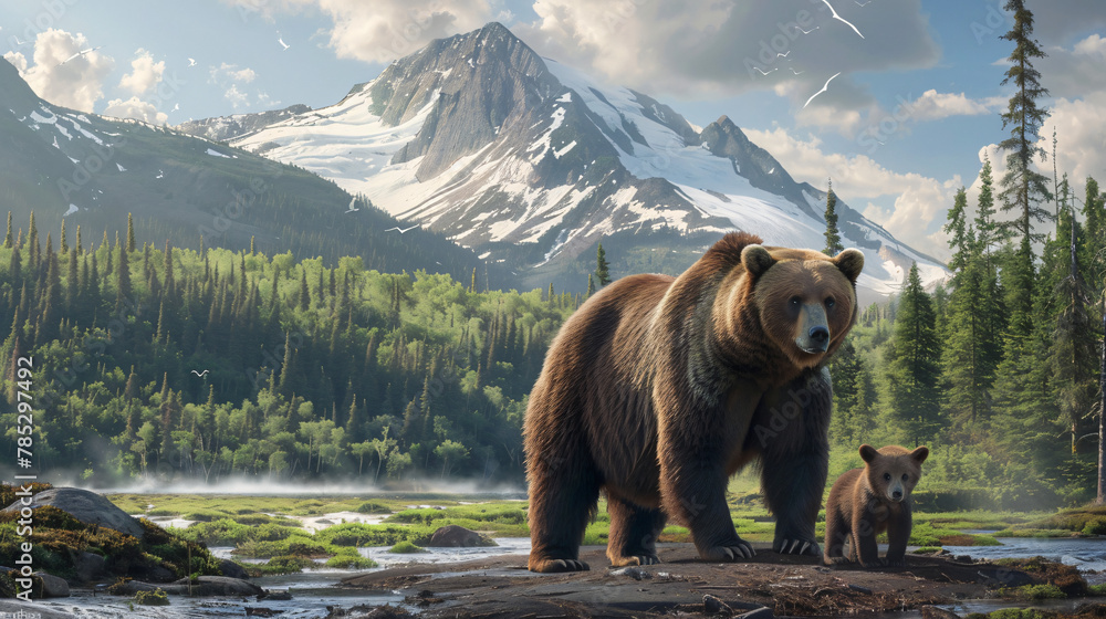 Brown Bear and Two Cubs against a Forest and Mountain - obrazy, fototapety, plakaty 