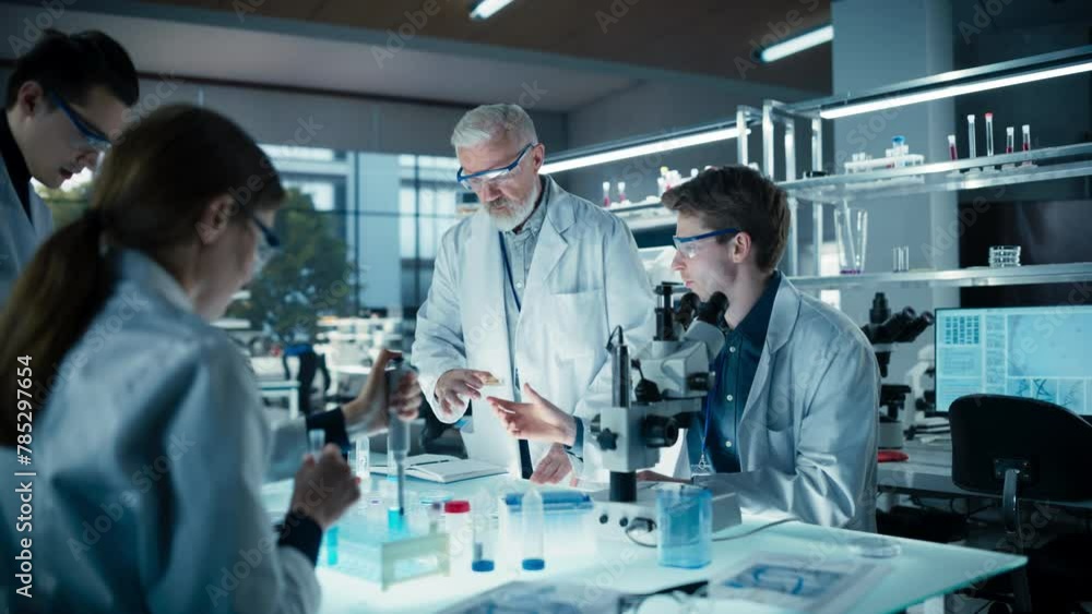 Young Team of Science Researchers Sitting Behind a Table, Using Microscopes for Medical Pharmaceutical Research and Treatment Development. Senior Scientist Supervising the Project Young Team of Science Researchers Sitting Behind a Table, Using Microscopes for Medical Pharmaceutical Research and Treatment Development. Senior Scientist Supervising the Project