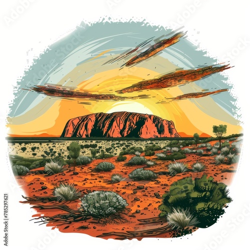 A painting of a desert with a large rock in the middle