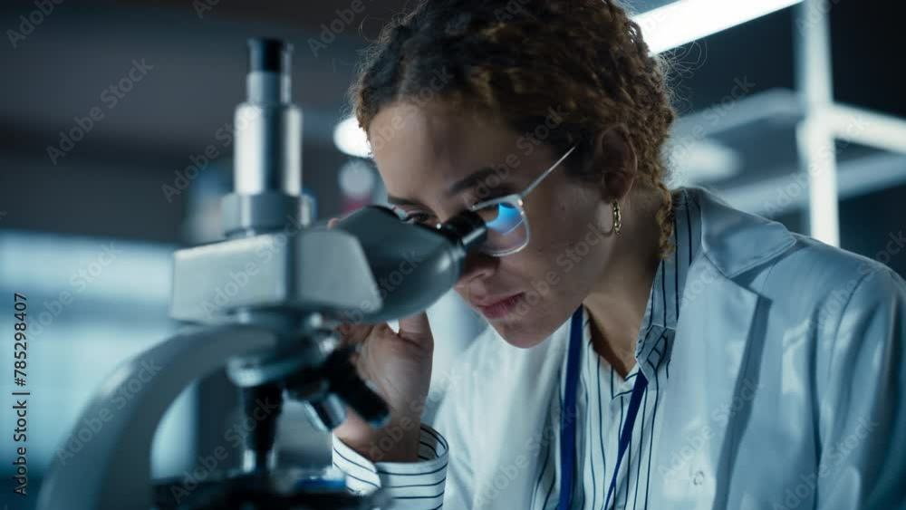 Close Up Portrait of a Multiethnic Student Working on a Research Project in College. Medical Research Scientist Looking at Biological Samples Under a Microscope in an Applied Science Laboratory Close Up Portrait of a Multiethnic Student Working on a Research Project in College. Medical Research Scientist Looking at Biological Samples Under a Microscope in an Applied Science Laboratory