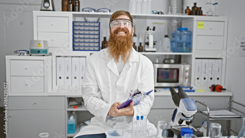 Handsome redhead male scientist working with a smile  young man captures notes indoors at medical lab  mastering scientific analysis immersed in experiment behind safety glasses