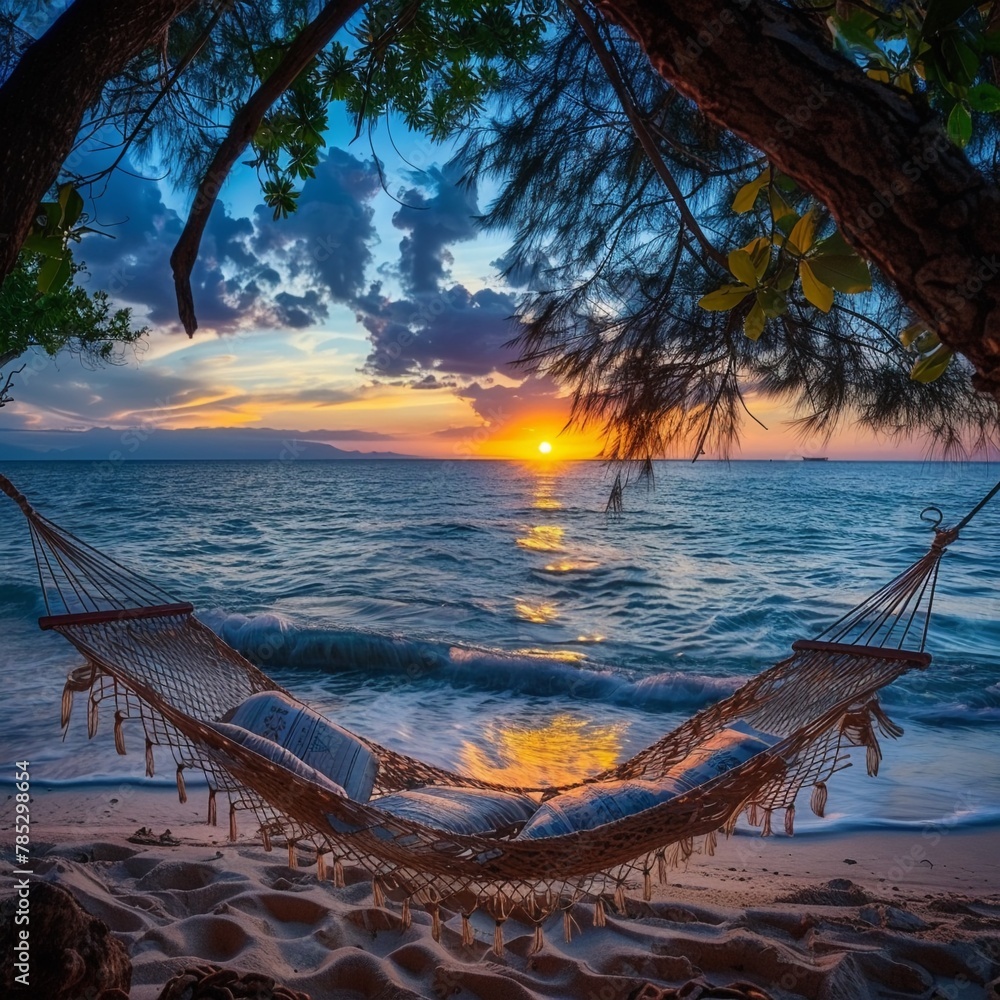 Obraz premium Comfy hammock in boho style, twilight seascape, gentle evening glow , 8K , high-resolution, ultra HD,up32K HD