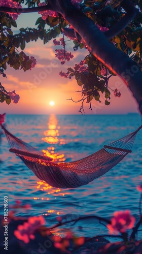 Comfy bohemian hammock, twilight seascape background, serene twilight glow  , 8K , high-resolution, ultra HD,up32K HD photo