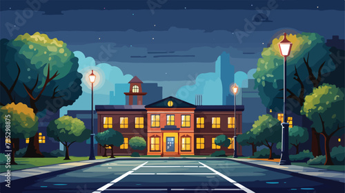 School building outside at night. Cartoon vector city