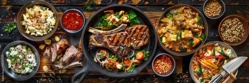 Oriental Food Collection, East Europe Dishes with Grilled Lamb Chops with Sauce, Duck Breast Salad Oriental Food Collection, East Europe Dishes with Grilled Lamb Chops with Sauce, Duck Breast Salad