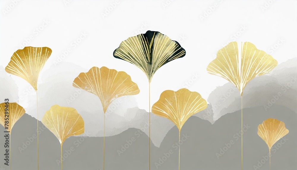 Ilustracja ze złotymi liśćmi miłorzębu. Delikatny wzór roślinny, tapeta, tło - obrazy, fototapety, plakaty 