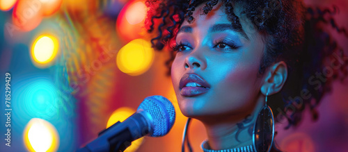 Banner, a beautiful young black American woman sings into a microphone. Pop singer, star, karaoke.