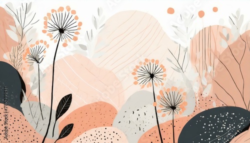 Tło, tapeta z kwiatami mniszka lekarskiego, kamieniami, roślinami i liśćmi w kolorze peach fuzz. Łąka kwiatowa © Monika