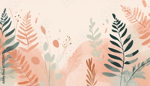 Tło, tapeta w kolorze peach fuzz z motywami roślinnymi, liśćmi, paprociami, kwiatami photo