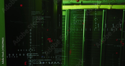 Image of binary coding data processing and symbols against computer server room