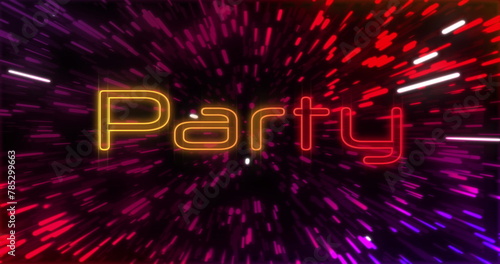Image of party text over light trails on black background