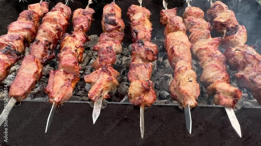 Burning coals on the grill, barbecue with meat on skewers. Cooking shish kebab on the grill. Picnic in nature, pork cooked on a fire, smoke from the fire. Burning coals on the grill, barbecue with meat on skewers. Cooking shish kebab on the grill. Picnic in nature, pork cooked on a fire, smoke from the fire.