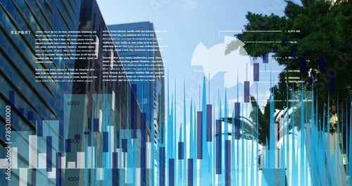 Image of financial data processing over cityscape photo