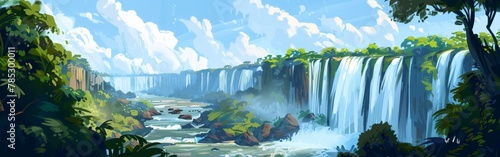 A painting of a waterfall with a bridge in the background