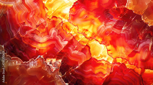 A macro image of a carnelian surface, showcasing its deep reds and oranges, detailed textures, light interacting with its semi-transparent qualities.  photo