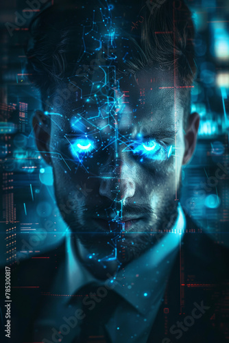 Wallpaper Mural A beautiful businessman with glowing blue eyes on a digital background Torontodigital.ca