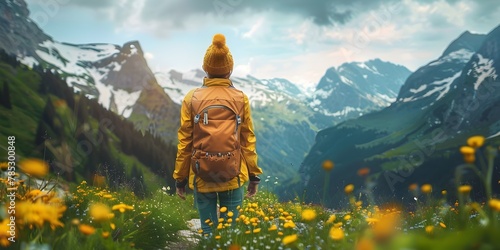 A Solitary Hiker Embarks on an Eco Tourism Adventure Amid the Majestic Mountain Landscapes and Verdant Meadows Capturing the Essence of Unfettered