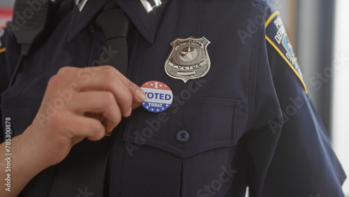A close-up of a police officer attaching a 'voted today' sticker to their uniform, symbolizing civic duty and law enforcement participation in democracy.