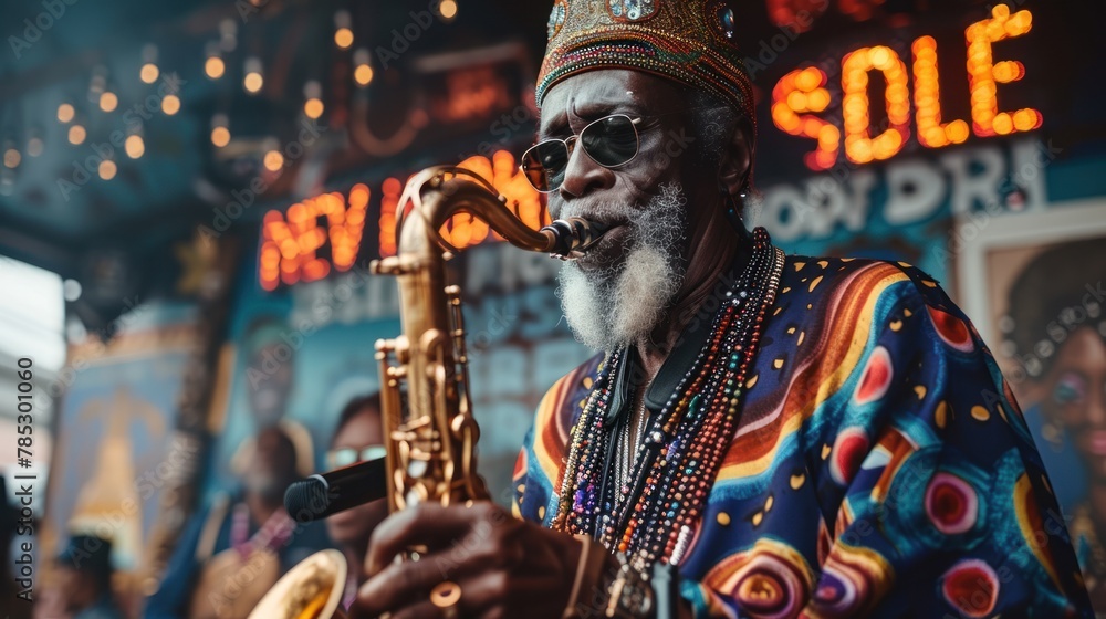Mardi Gras in New Orleans: Colorful snapshots of the flamboyant costumes, masked revelers, brass bands, and bead-throwing parades during Mardi Gras festivities in New Orleans, Louisiana, capturing the - obrazy, fototapety, plakaty 