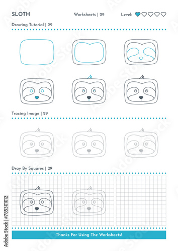 How to Draw Doodle Animal Sloth, Cartoon Character Step by Step Drawing Tutorial. Activity Worksheets For Kids
