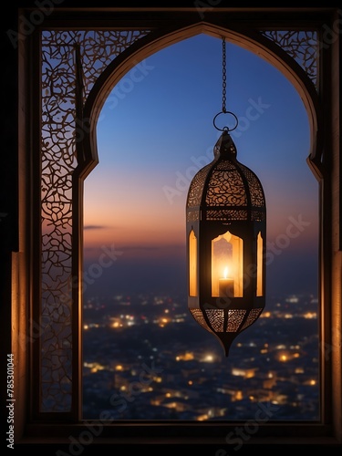 Ramadan Kareem greeting card. Arabic lanterns and night city view from the window