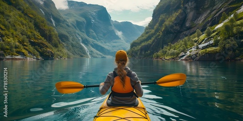 Woman Kayaking Through Pristine Fjords in Majestic Norwegian Landscape © Thares2020