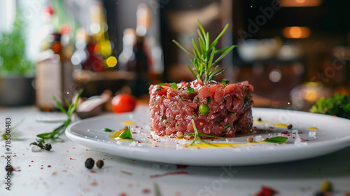 Photo of French cuisine tartare on a plate