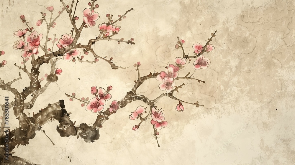 Fototapeta Vintage traditional Japanese painting,Cherry Blossom - Sakura . Painting on old paper.