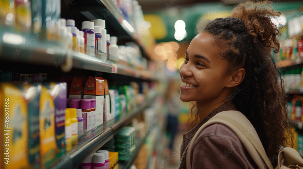 Smiling  african american woman at the pharmacy, in drugstore, store,  buying vitamins