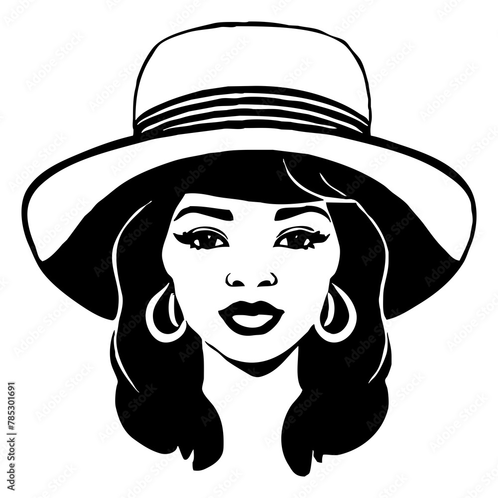 Fictional character of a woman with a hat. Black and white illustration. Logo design for use in graphics. Generated by Ai - obrazy, fototapety, plakaty 