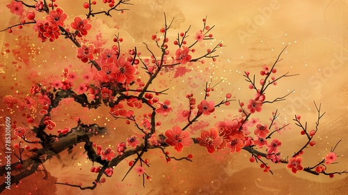 Vintage traditional Japanese painting,Cherry Blossom - Sakura . Painting on old paper.