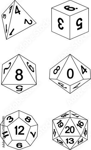 A set of common game dice used for roleplaying RPG or fantasy tabletop board games