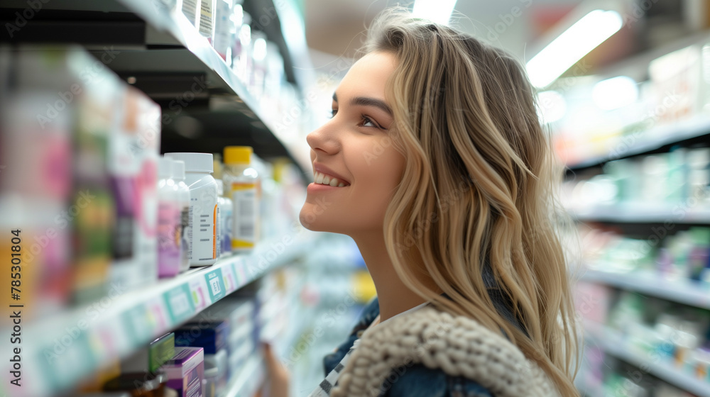 Smiling  woman at the pharmacy, in drugstore, store,  buying vitamins