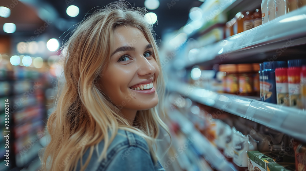 Smiling  woman at the pharmacy, in drugstore, store,  buying vitamins