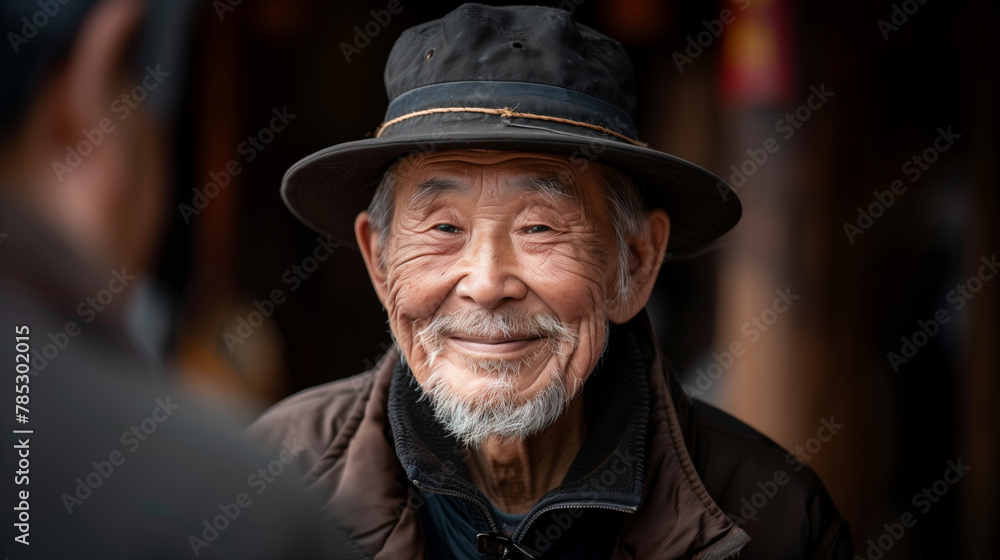 A Chinese man with a black hat and a white beard is smiling. A kind grandpa whit smile. A Chinese old man in dark background.