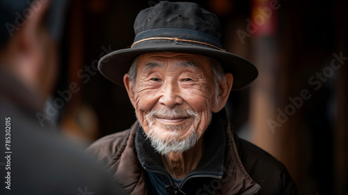 A Chinese man with a black hat and a white beard is smiling. A kind grandpa whit smile. A Chinese old man in dark background.
