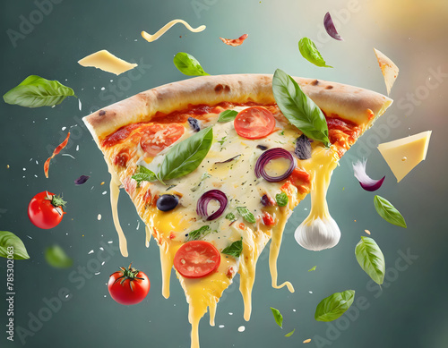 Delicious Pizza Slice With Cheese, Olives, Tomatoes, Onions, and Basil. Generative AI (ID: 785302063)